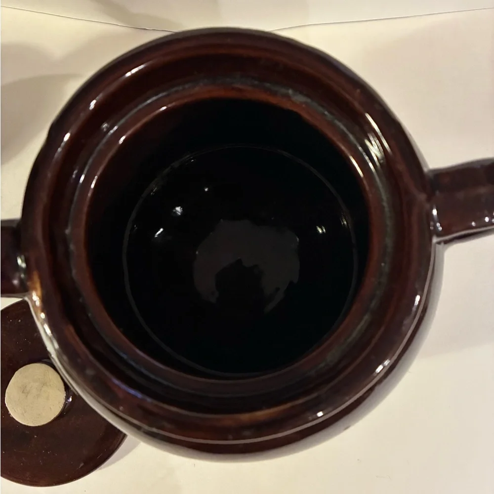 USA Pottery VTG Brown Glaze Bean Pot W/ Lid  Ceramic Soup Tureen Loop Handles